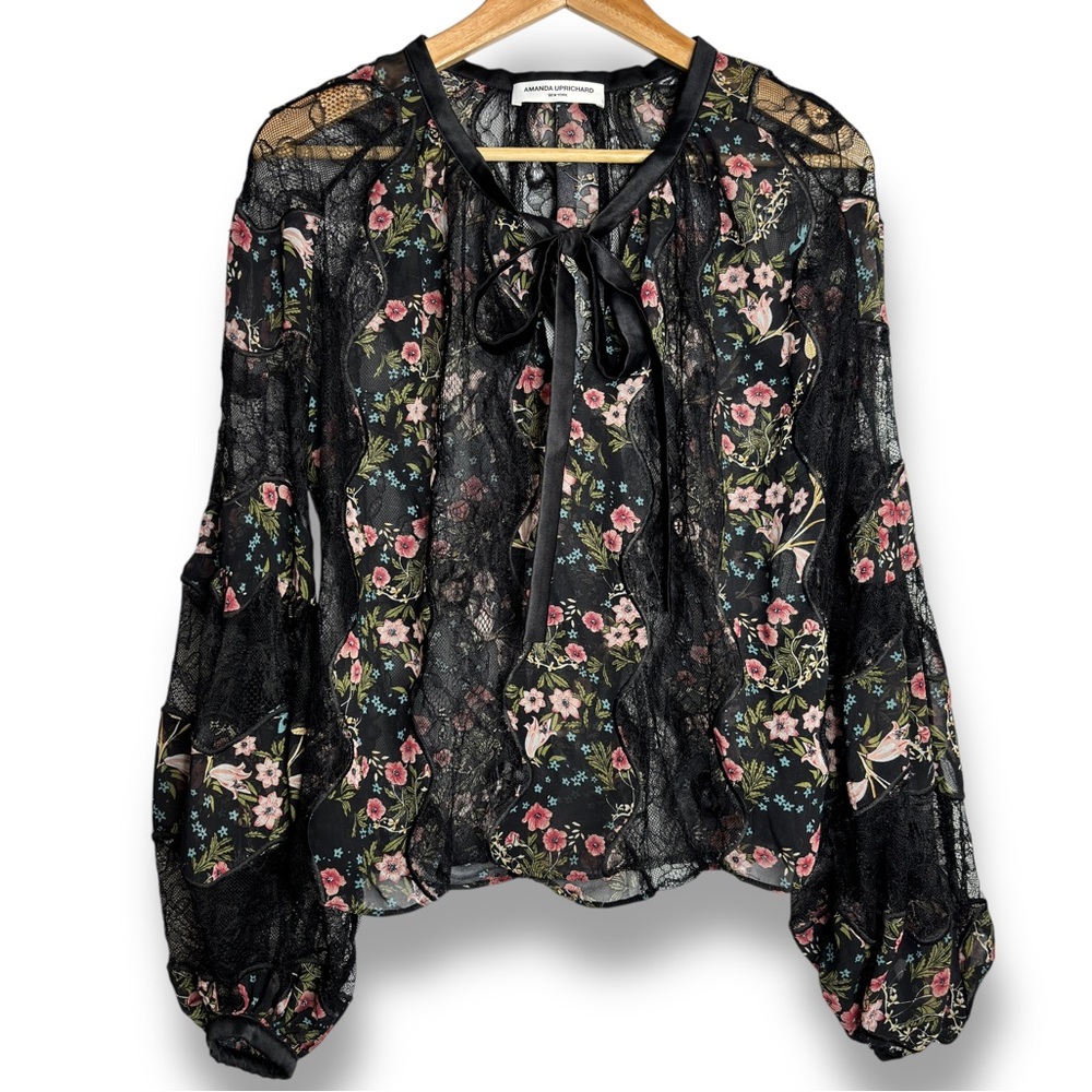 Amanda Uprichard Black Lace‎ Floral Print Sheer Long Ballon Sleeve Top Size S